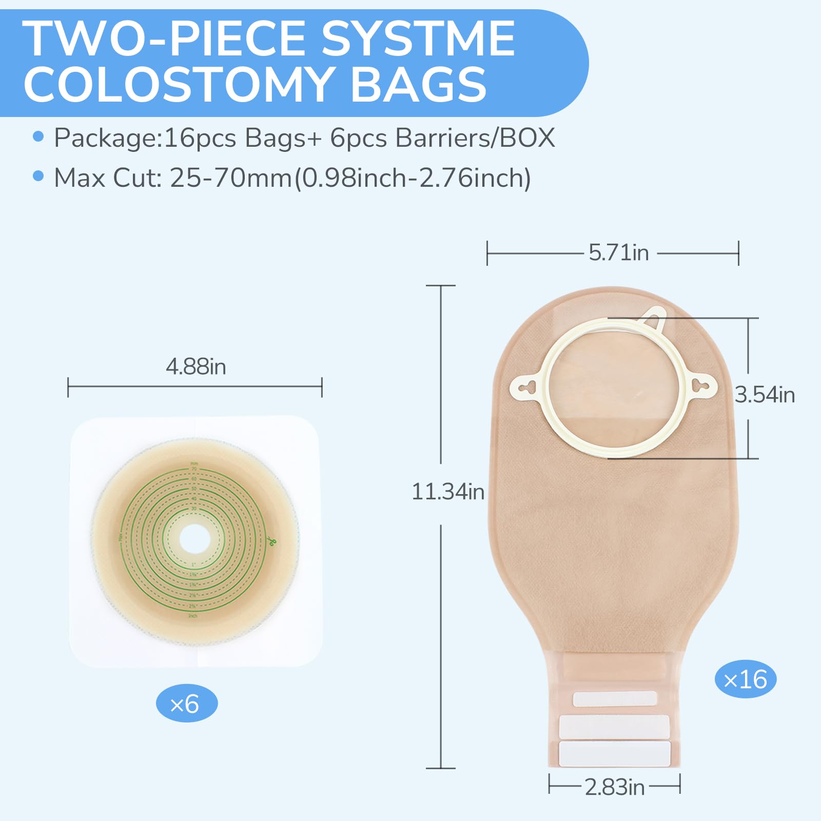 22-Piece Ostomy Supply Kit - 2-Piece Drainable Colostomy Bags with Closure for Ileostomy Stoma Care (16 Bags + 6 Skin Barriers) - Cut-to-Fit Up to 70mm - Ideal for Daily Use, Travel & Post-Surgery Recovery