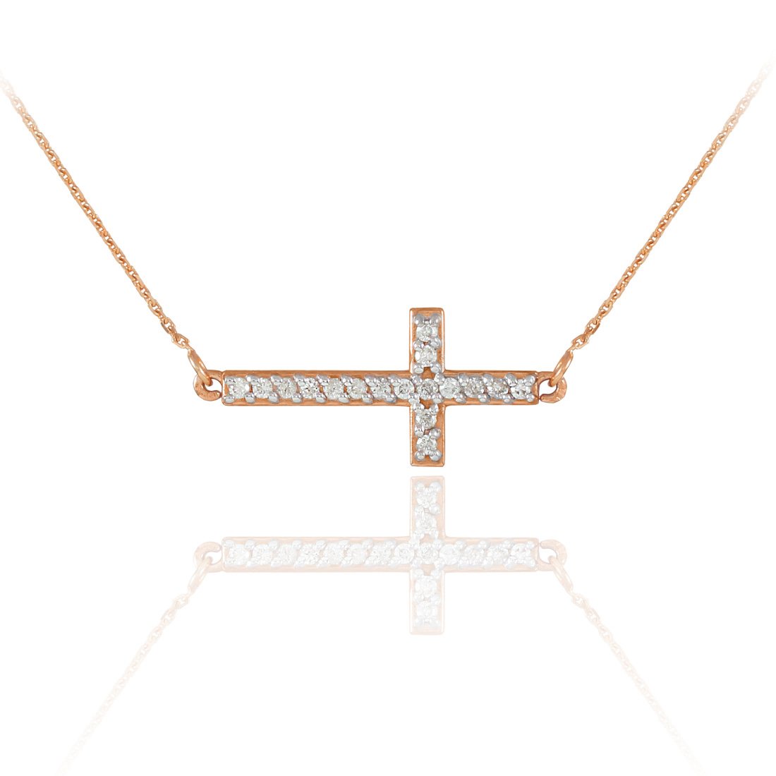 14K Rose Gold Diamond Sideways Cross Pendant Necklace for Women - Elegant Layering Jewelry for Everyday Wear, Gift for Her