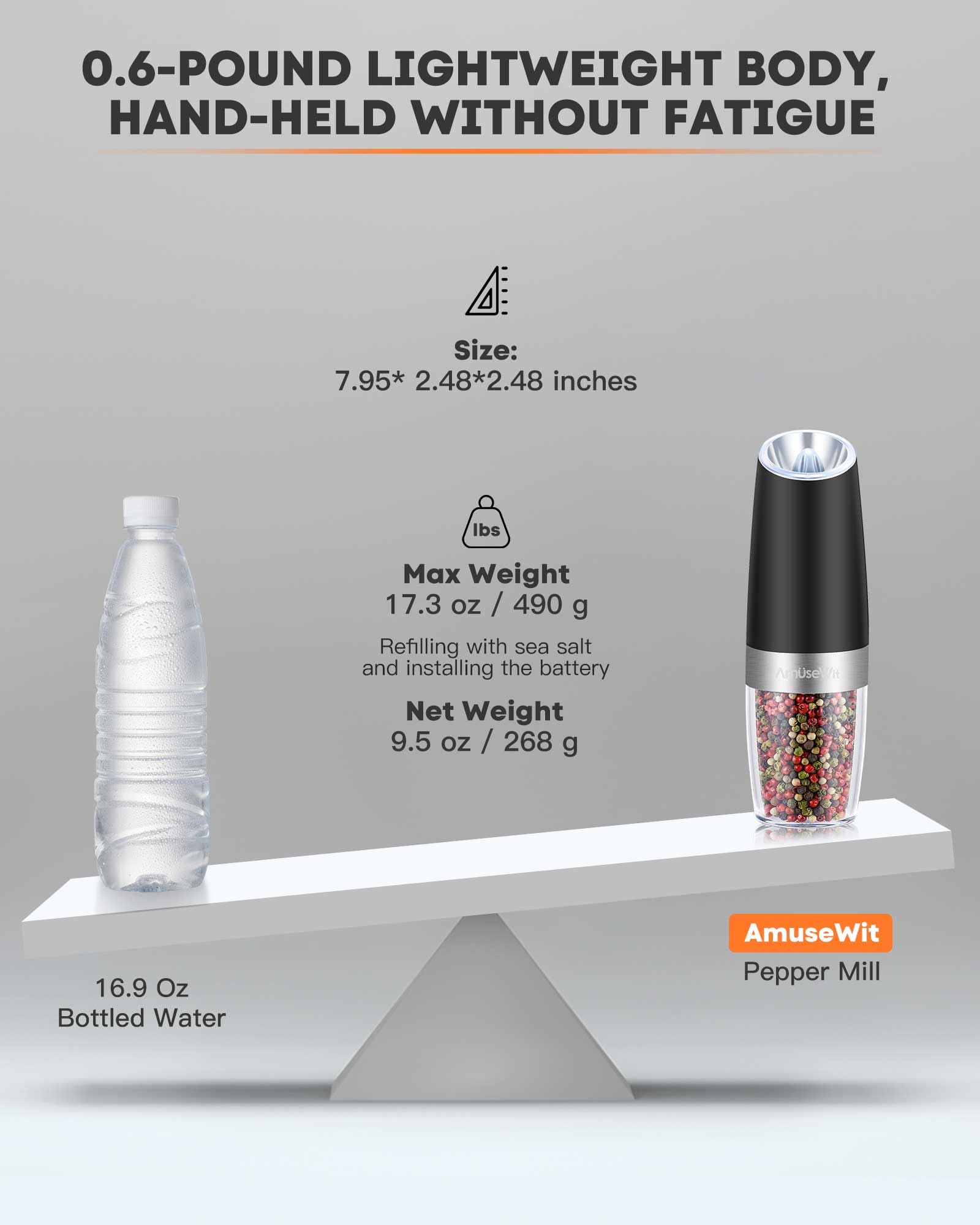 AmuseWit 2-Pack Electric Gravity Salt and Pepper Grinder Set - Battery Operated, Adjustable Coarseness, One-Hand Operation with LED Light (Black) - Perfect for Kitchen, Dining Table, Camping & Gifts