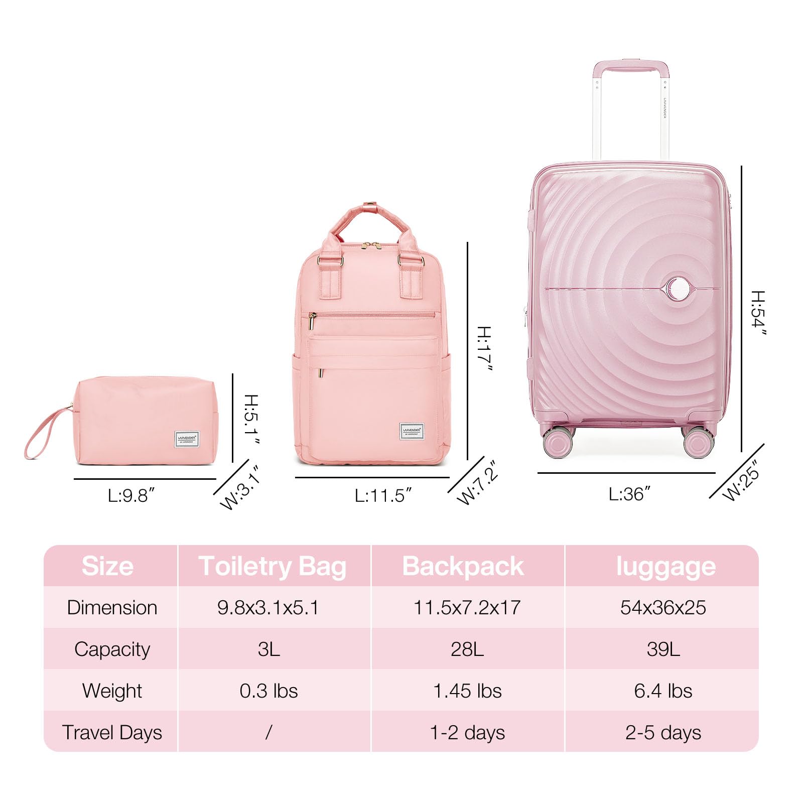 3-Piece Lavender Hardshell Luggage Set - 20in Carry On Suitcase with Expandable PP Shell, 360° Spinner Wheels & Travel Backpack - Light Pink for Men & Women - Perfect for Air Travel, Business Trips & Family Vacations