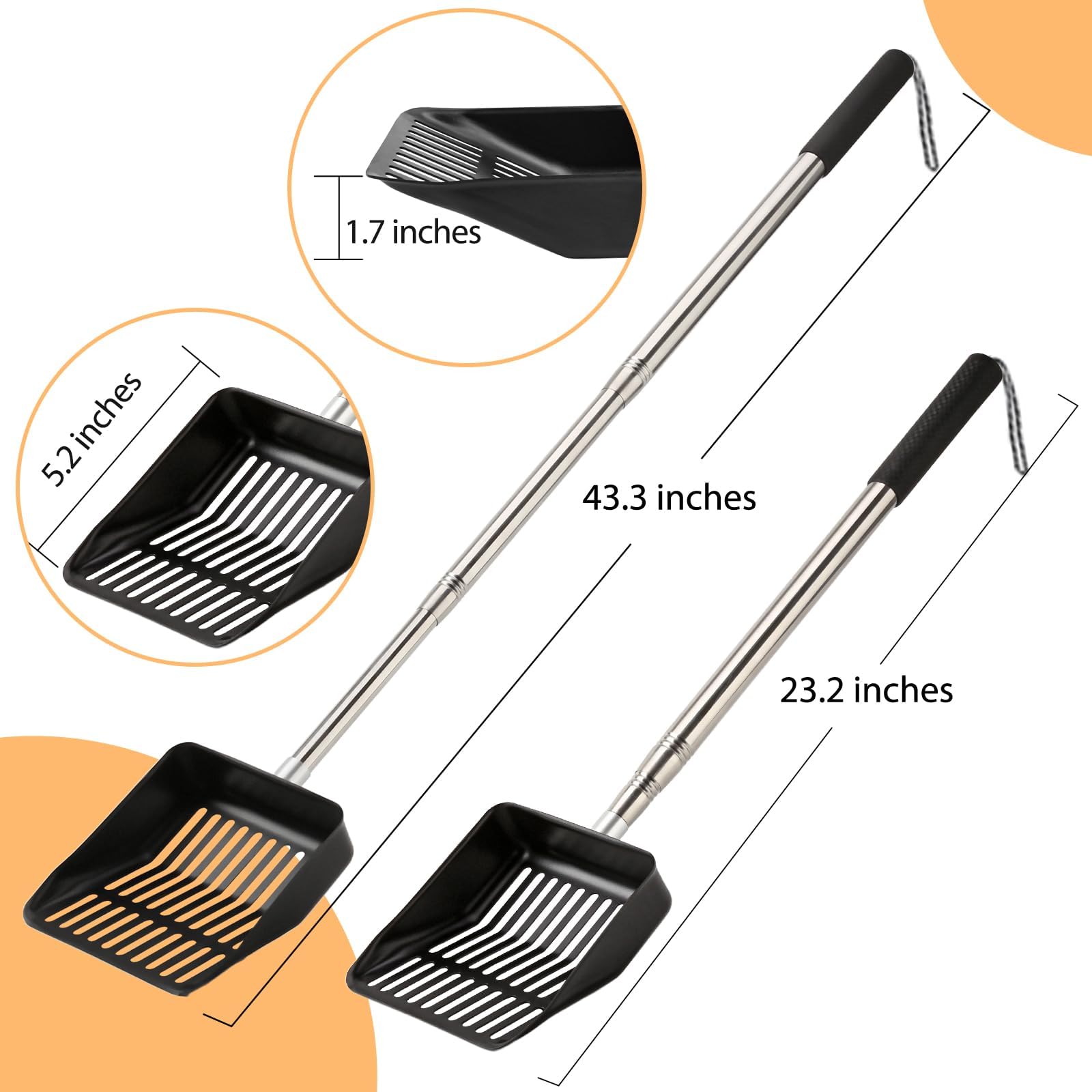 Premium 304 Stainless Steel Cat Litter Scoop & Chicken Coop Rake - Adjustable Extendable Handle (23-43 Inch) - Durable Pet Waste Scooper for Cats & Poultry - Perfect for Litter Boxes, Chicken Coops & Outdoor Use