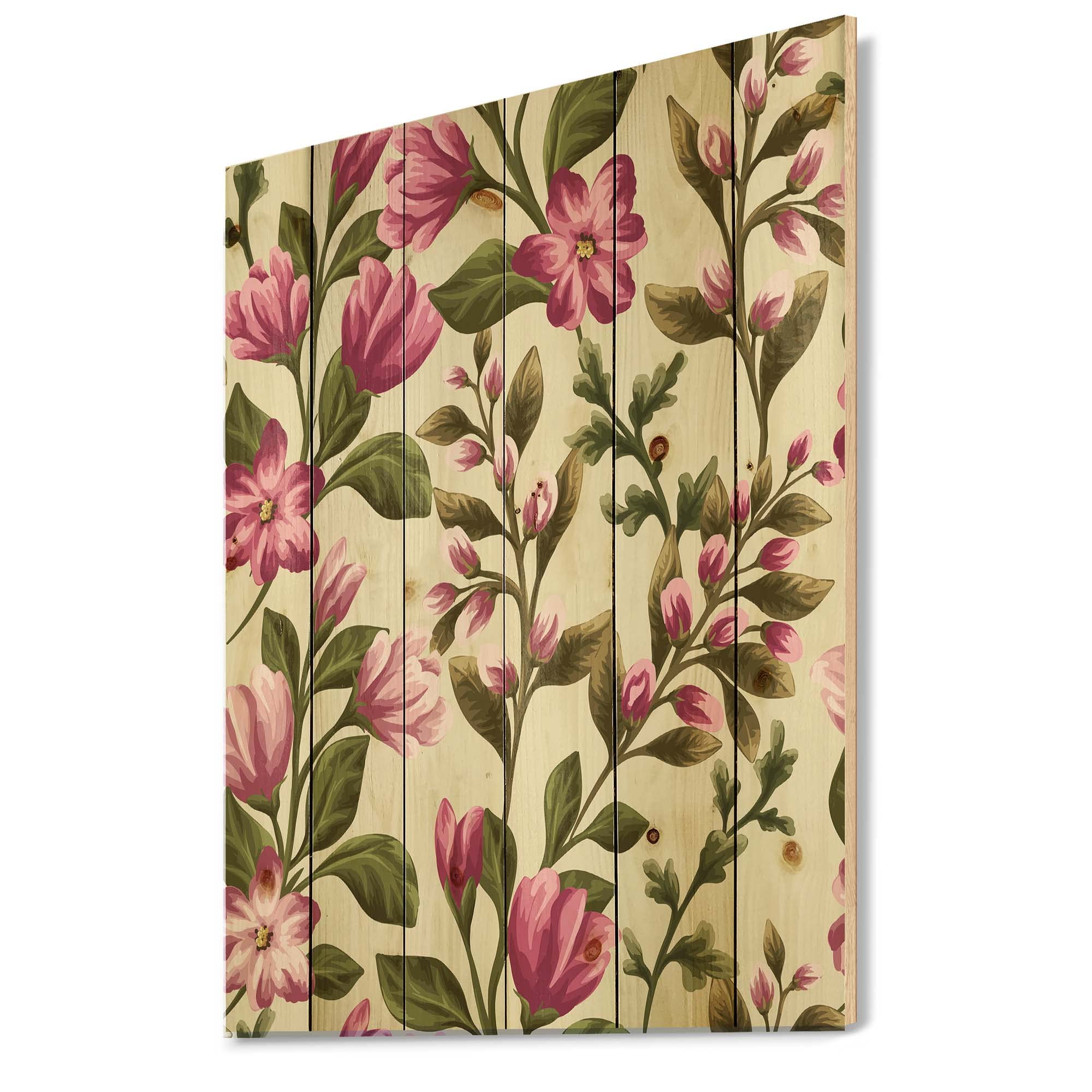Vintage Pink Wildflowers Wood Wall Decor - Traditional Floral Pine Wood Art Panel - Large Handmade Home Decor for Living Room, Bedroom & Office