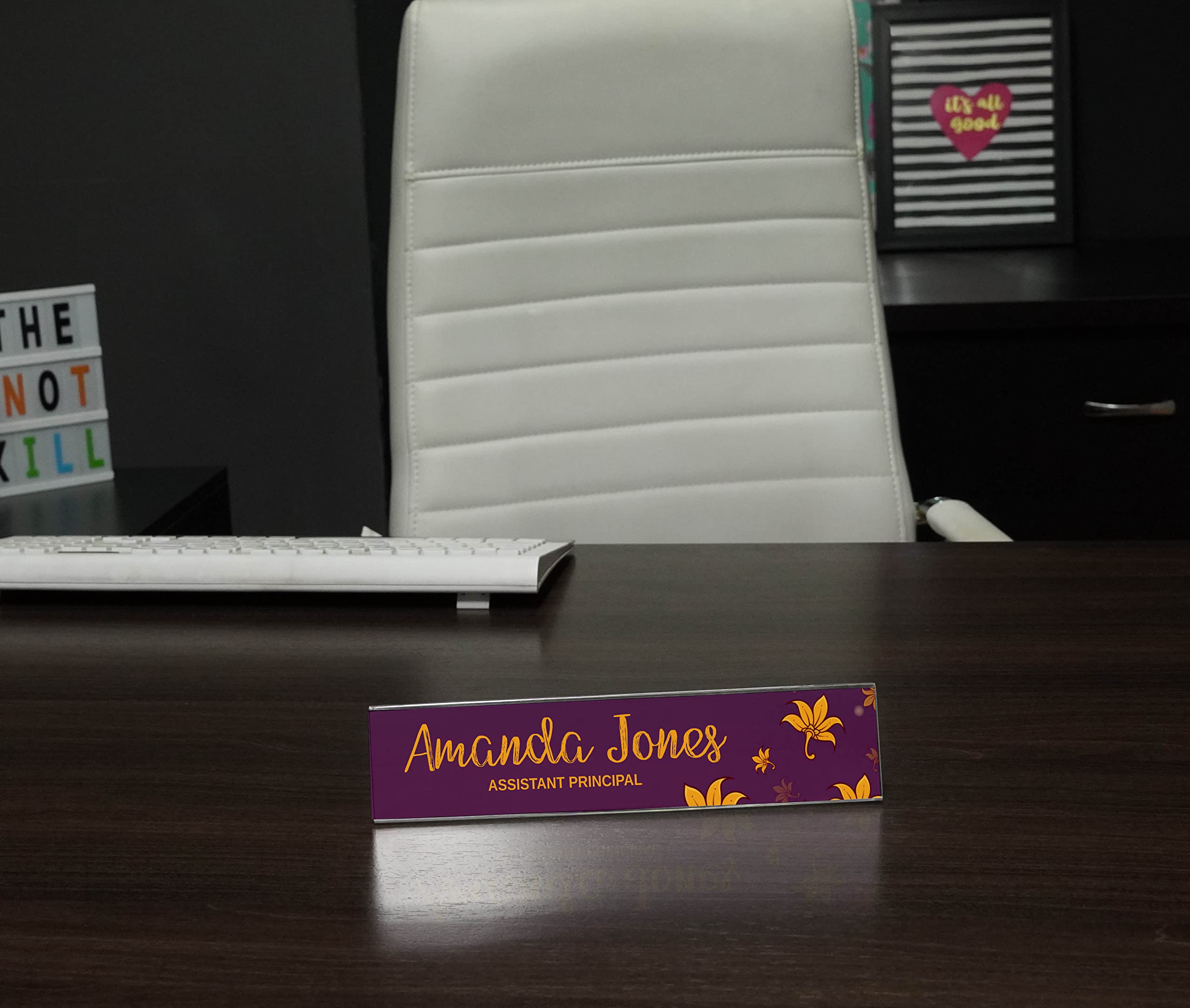 Personalized Acrylic Desk Name Plate - Custom Office Name Sign with Pretty Leaf Design (2x8 Inches) - Perfect for Workstations, Home Offices & Corporate Gifts