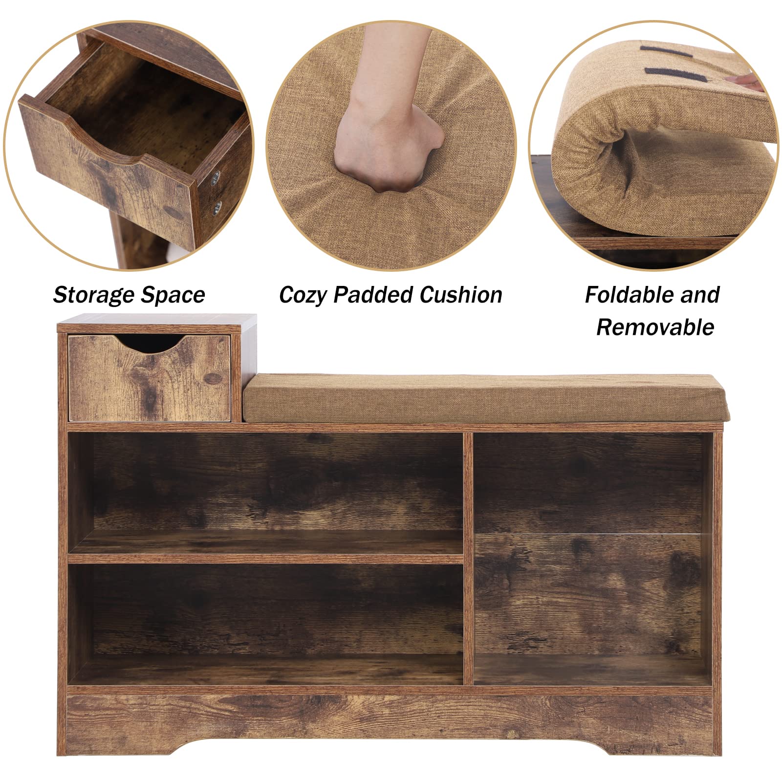 PHI VILLA Rustic Brown Shoe Storage Bench with Cushion - Entryway Shoe Organizer Cabinet for Living Room, Hallway & Mudroom - Perfect for Small Spaces & Home Organization