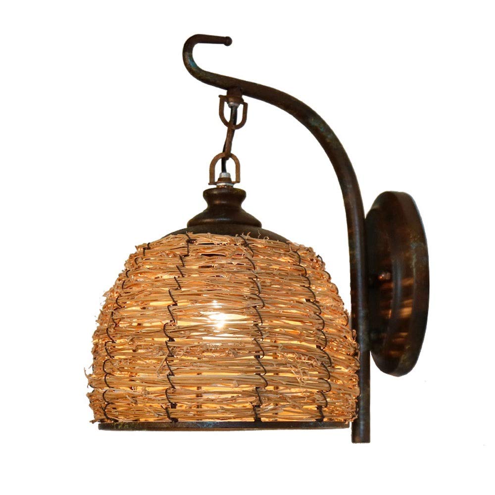 PEHUB Wrought Iron Wall Lamp - Vintage Rattan Wall Light with E27 Socket, Antique Metal Wall Sconce for Bedroom, Dining Room, Garden & Inn Decor - Perfect for Cozy Ambiance and Rustic Home Lighting