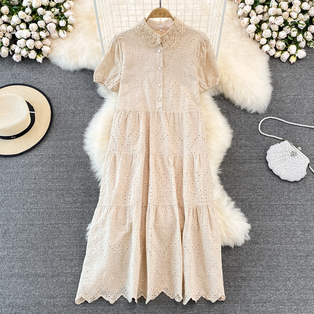 2022 Summer Women's Elegant Hollow Puff Sleeve Long Dress with Doll Collar - Perfect for Beach Vacations, Garden Parties & Romantic Dates