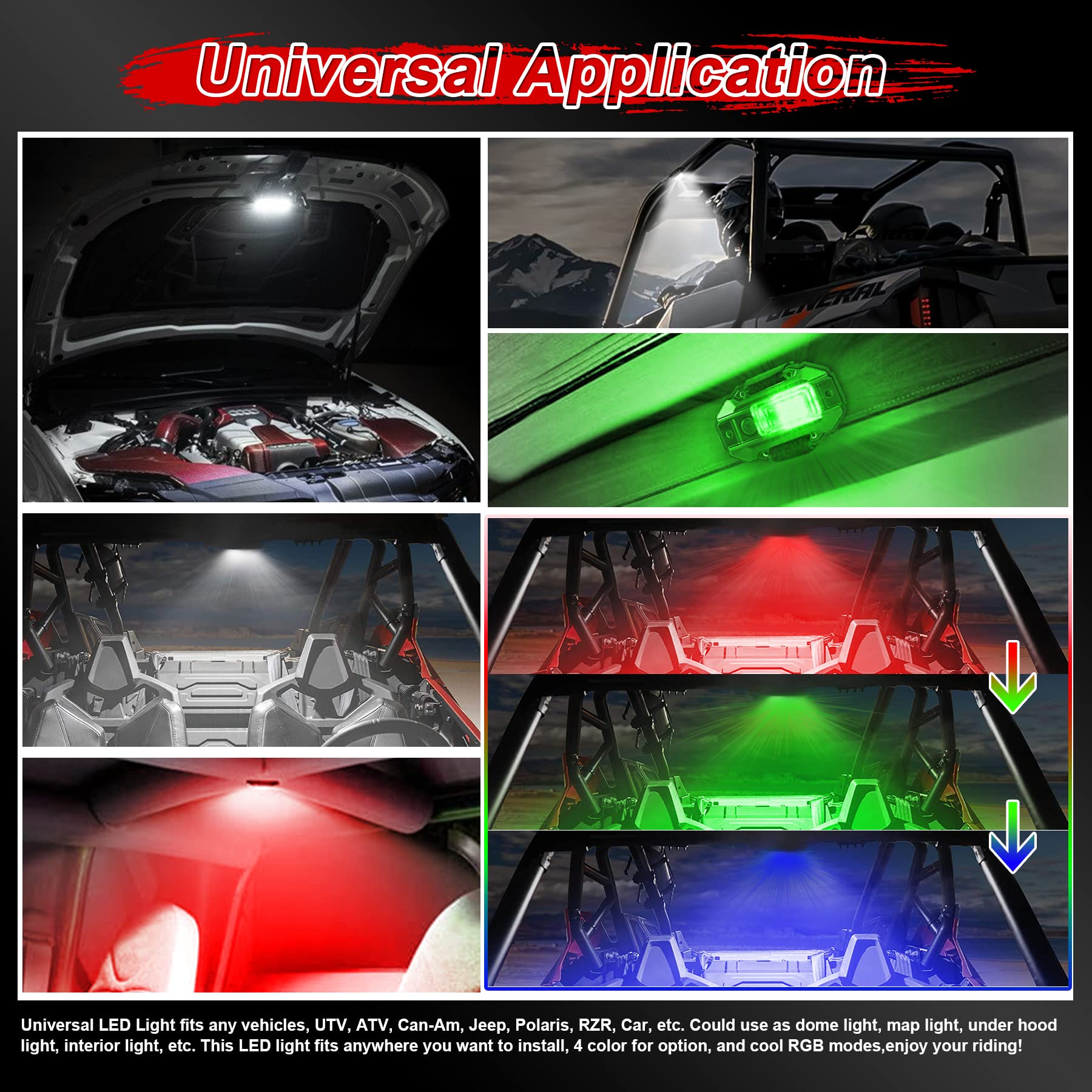 RGB White UTV Dome Light - Universal Switch RGB Strobe Roll Bar Mount LED Interior Light for UTV ATV Polaris RZR Can Am Truck Car (White/Red/Green/Blue) - Perfect for Off-Roading, Night Driving & Interior Lighting