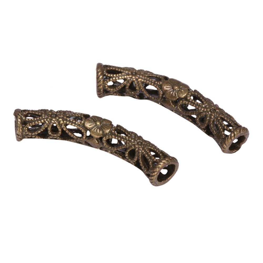10pcs Antique Bronze Plated Brass Filigree Flower Spacer Beads 30mm - Large Hole Curved Tube Beads for DIY Jewelry Making, Necklace, Bracelet & Craft Projects