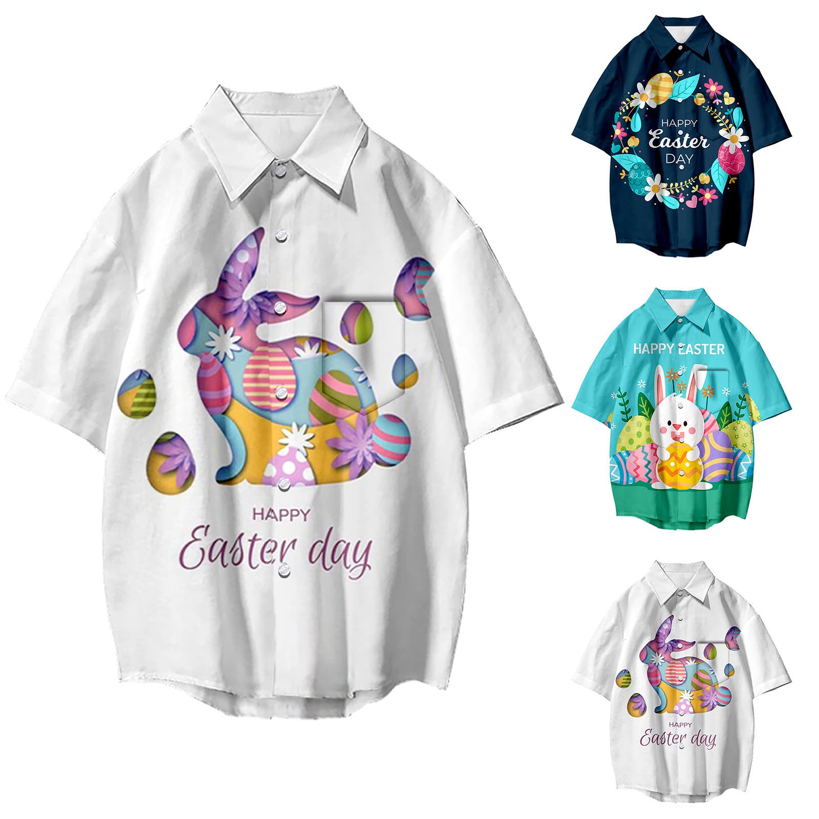 Happy Easter Men's Shirt - Colorful Easter Egg & Cute Rabbit Print Casual Short Sleeve Button Down Shirt for Spring Parties, Family Gatherings & Festive Celebrations