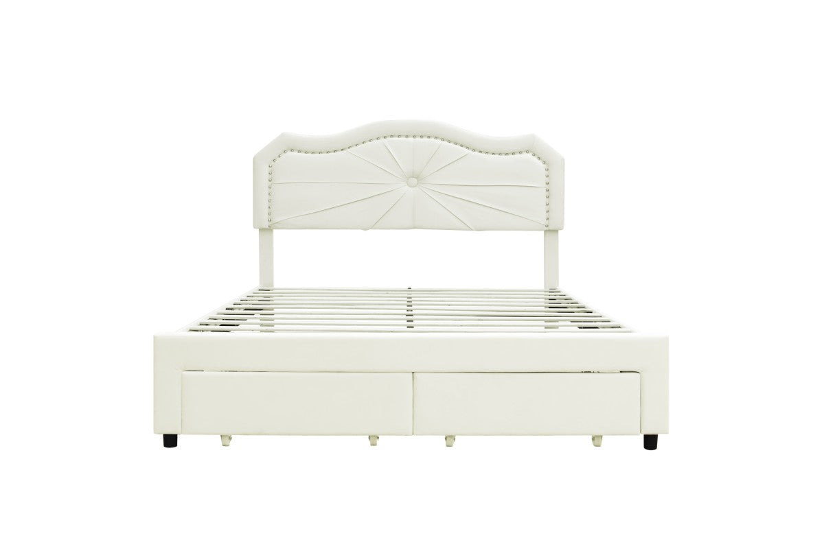 Beige Queen Size Platform Bed with 2 Footboard Storage Drawers - Modern Bedroom Furniture for Small Space & Guest Room Organization