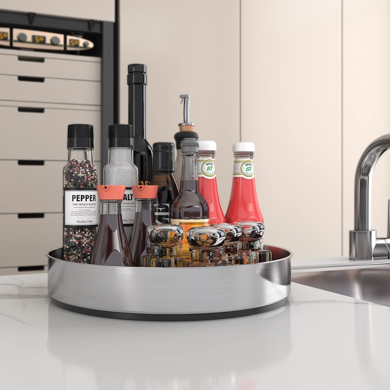 VAEHOLD 10-inch Stainless Steel Black Spice Rack Turntable - Pantry Cabinet Organizer with Lazy Susan for Kitchen, Bathroom & Snack Storage | Space-Saving Decorative Tray for Spices, Cosmetics & Small Items