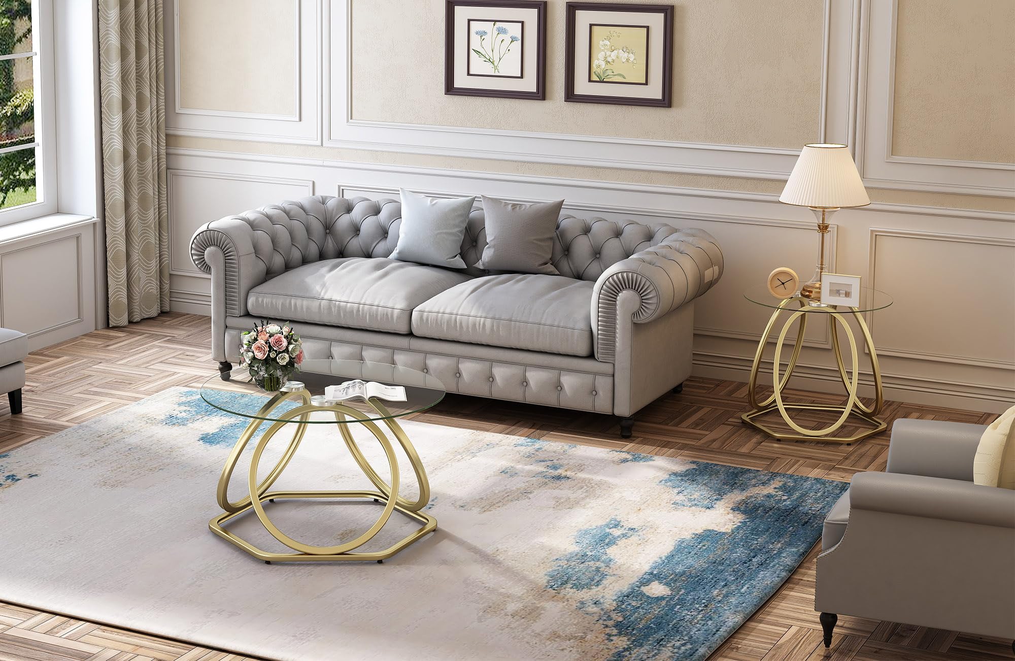 Modern Gold Glass Coffee Table with Hexagonal Base - Round Living Room & Office Table - Elegant Gold Finish - Perfect for Home Decor, Lounge, and Workspace - 1 PC