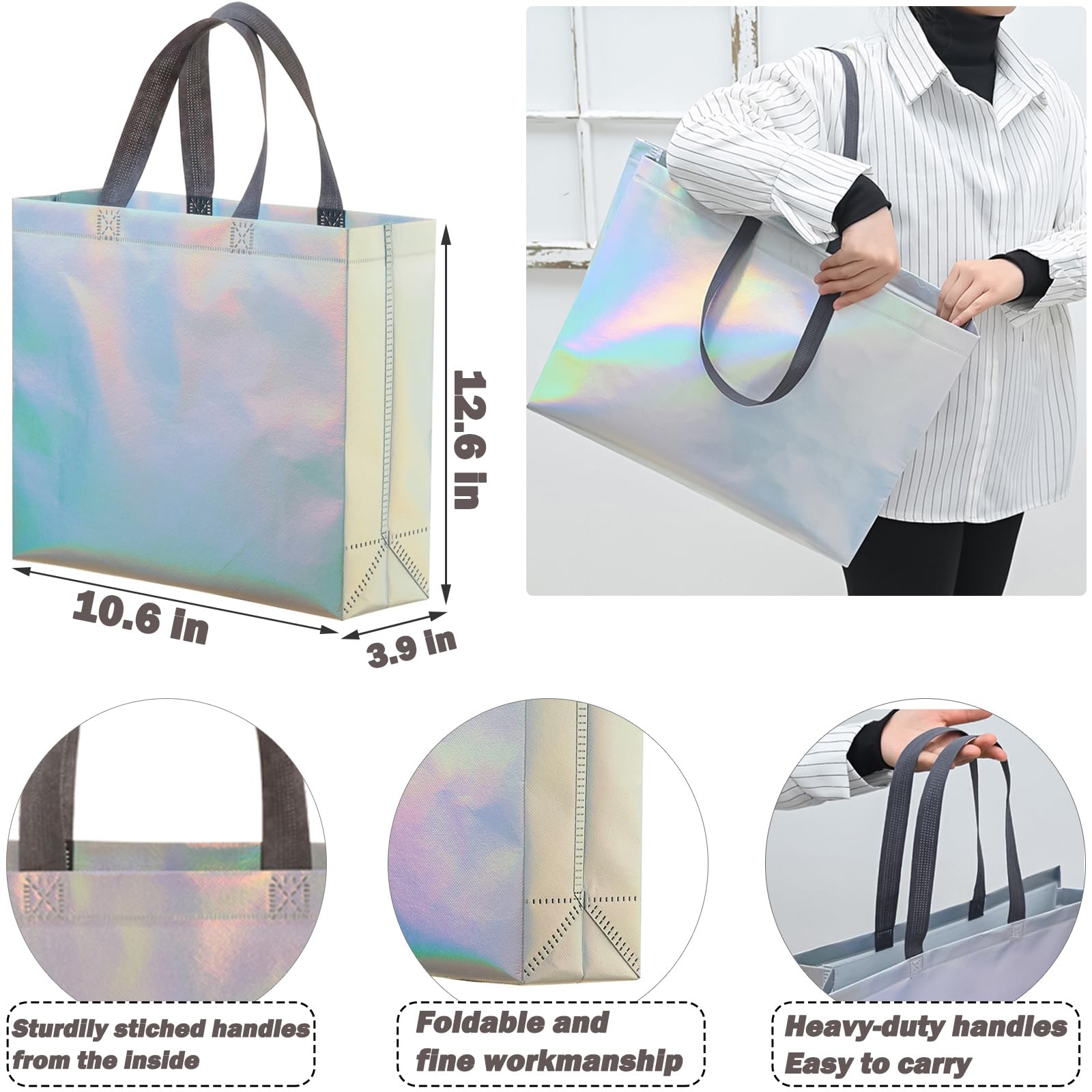60-Pack Reusable Iridescent Gift Bags with Handles - 12.6