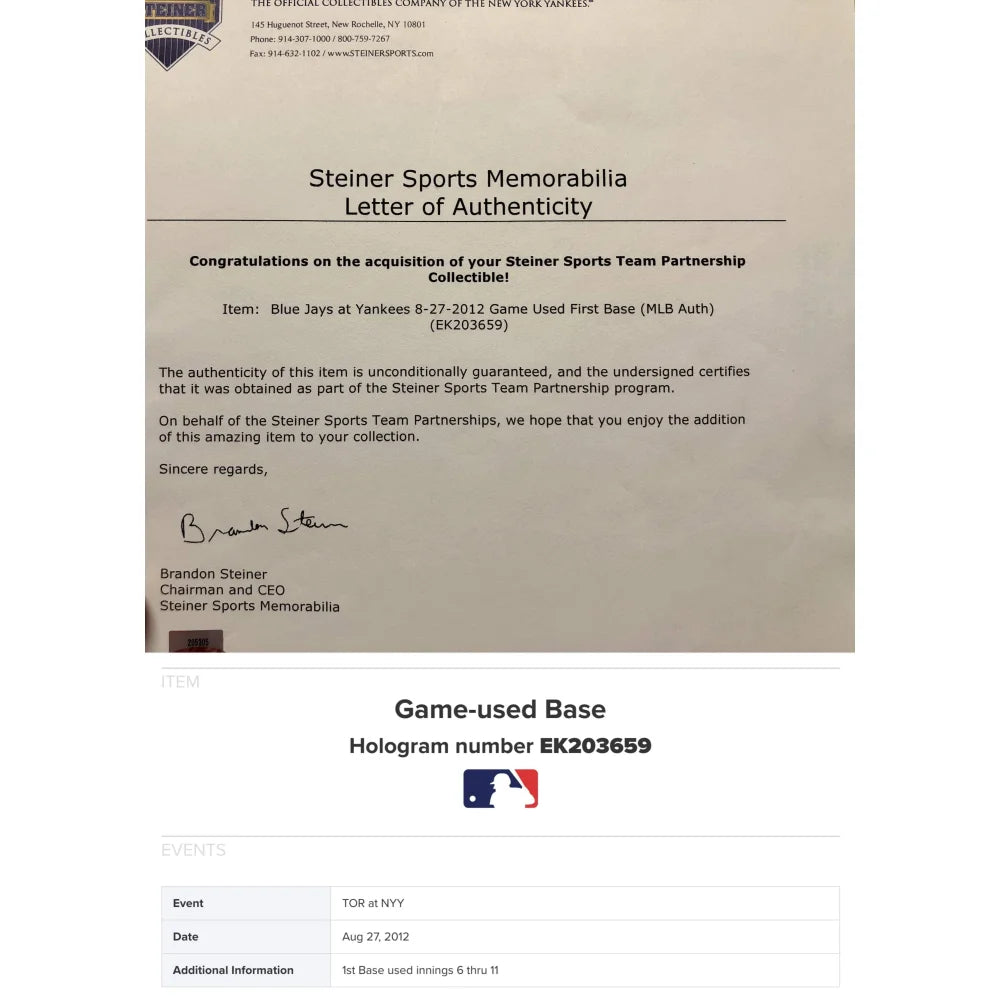 Authentic Derek Jeter Game-Used NY Yankees Base with Steiner COA - MLB Memorabilia 8/27/12 - Perfect for Yankees Fans, Sports Collectors & Man Cave Decor