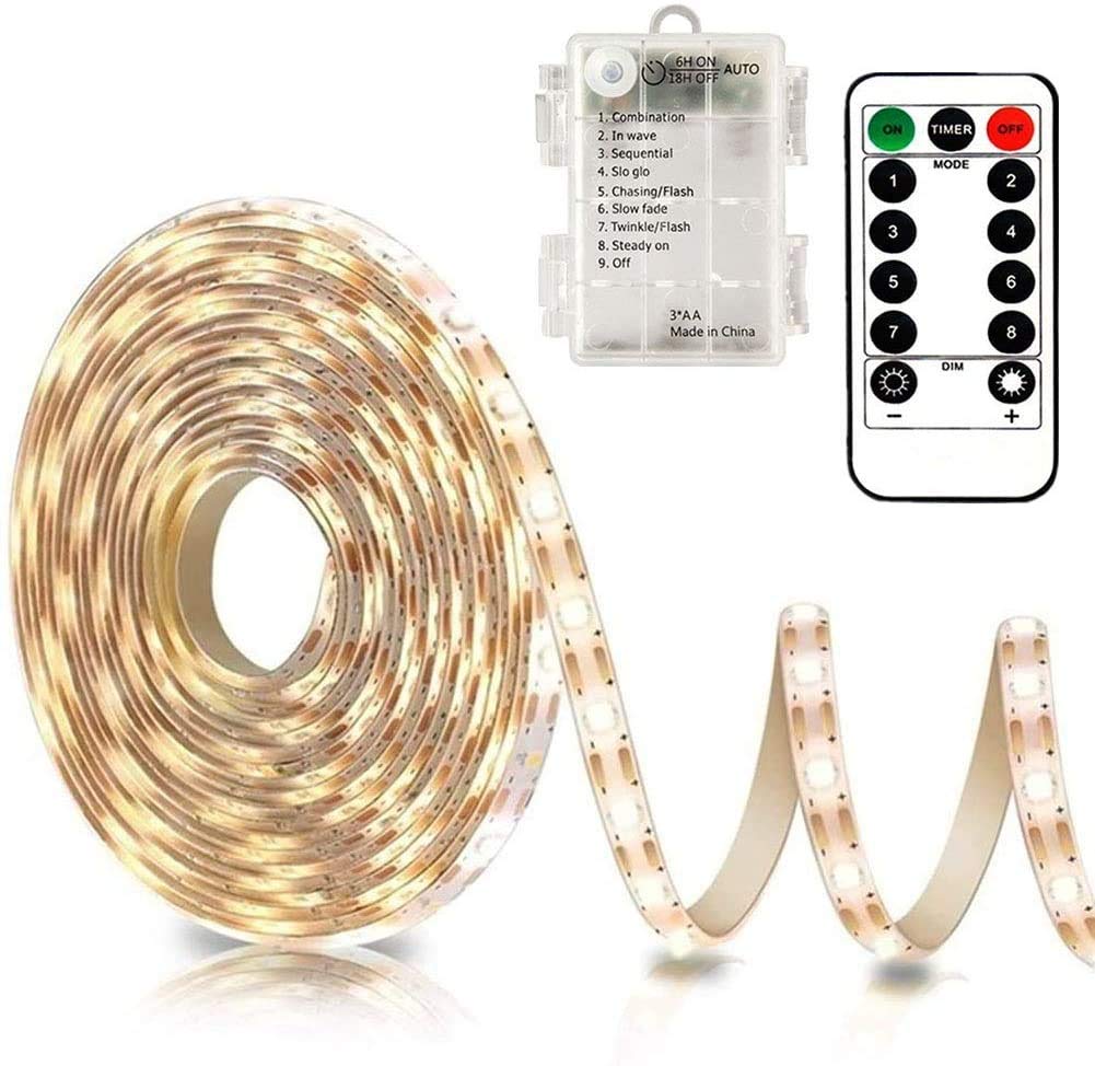 CCILAND 3m Battery LED Strip Lights with Remote Control - 90 LEDs, Waterproof, 8 Modes, Dimmable, Timer, Self-Adhesive, Cuttable - Perfect for Bedroom, Mirror, Kitchen Cabinet, Patio, Home Decor (Warm White) | Indoor & Outdoor Lighting, Party, Holiday, Accent Lighting