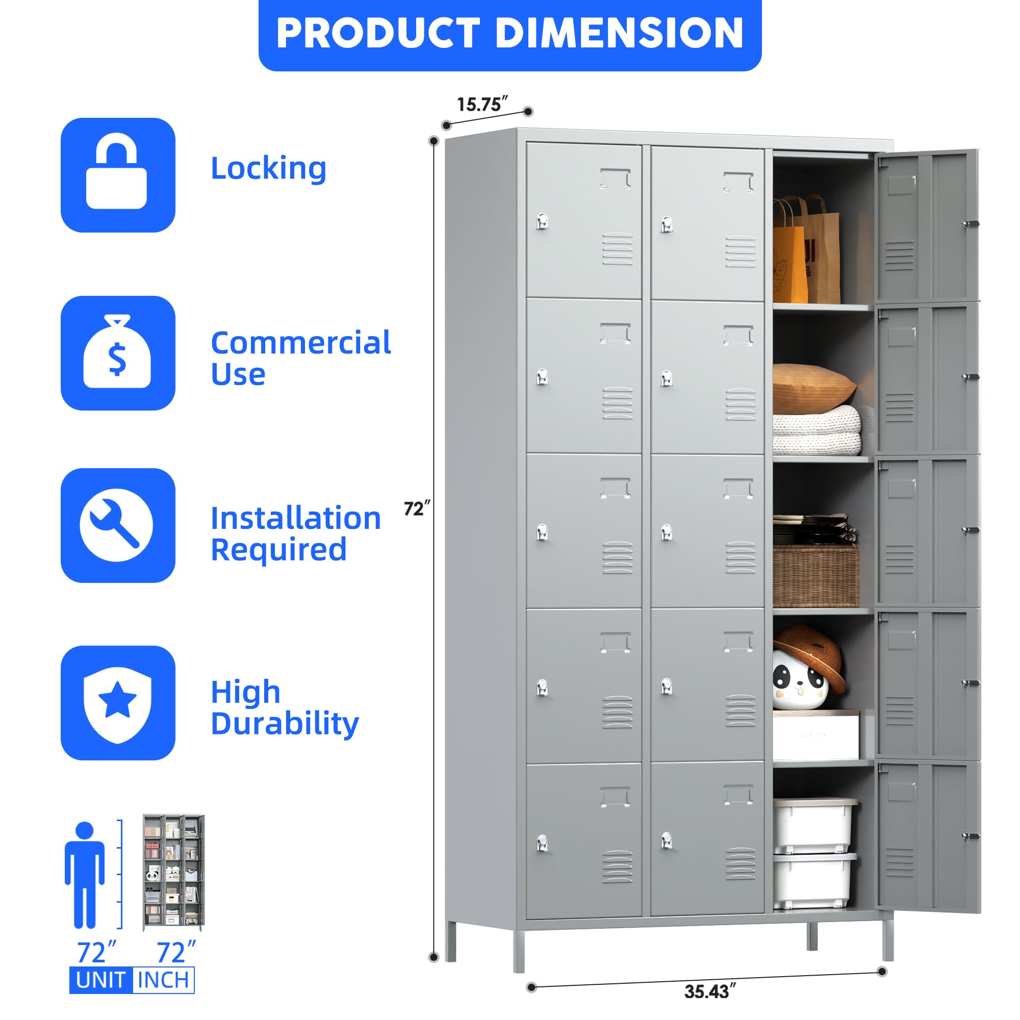 METAN 15-Door Steel Storage Locker Cabinet - Heavy Duty Metal Locker for School, Office, Gym & Bedroom - Industrial Employee Storage Locker with Assembly Required (Light Grey) - Perfect for Secure Storage in Workplaces, Schools, Fitness Centers and Homes