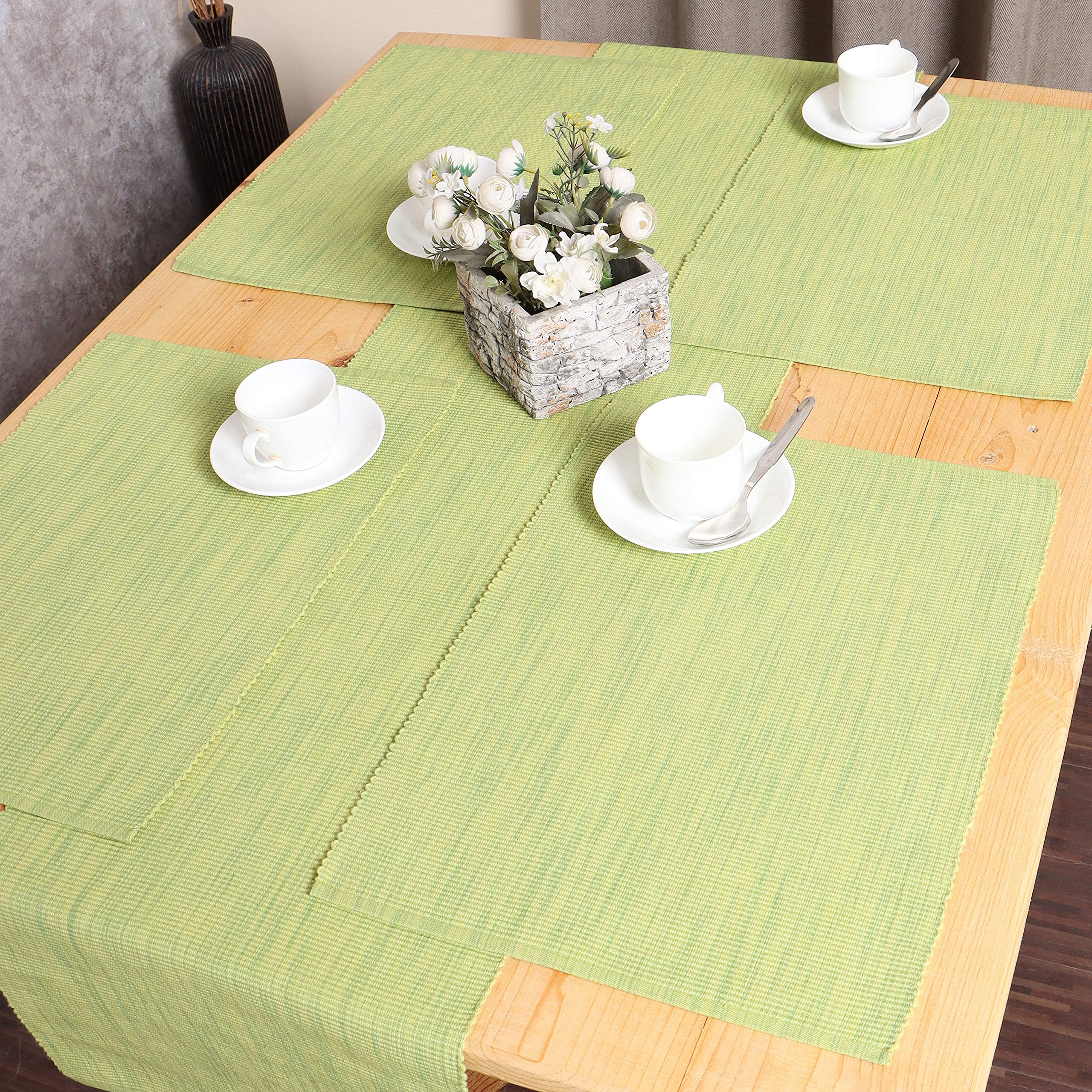 REDEARTH Two-Tone Ribbed Woven Cotton Placemats Set of 6 - 14x20 Inch Square Table Linens for Dining, Coffee, Console & Dresser Tables - Green Home Decor for Everyday Meals & Dinner Parties