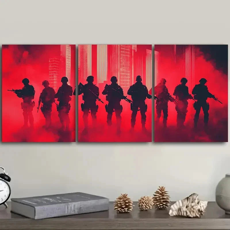 3-Piece Soldiers in Formation Silhouette Wall Art Set - Framed Canvas 40x60cm (16x24in) - High Quality Military Decor - Ready to Hang - Perfect for Home Office, Man Cave & Military Themed Rooms