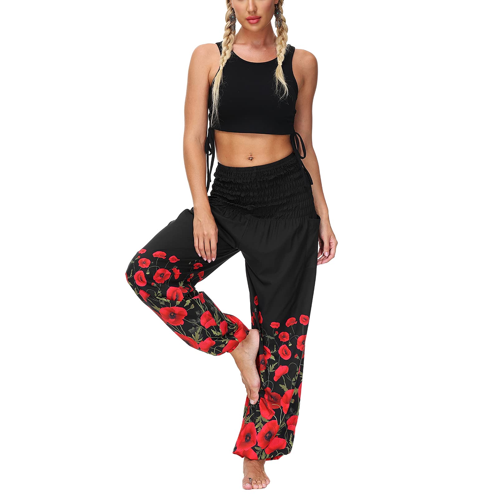 Amiblvowa Women's Boho Pants with Pockets - Floral Print Harem Yoga Pants, Loose Lounge Pajama Pants for Casual Wear, Hippie Style | Perfect for Yoga, Travel & Home Relaxation