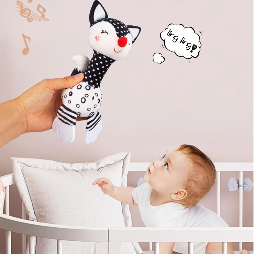 **Soft Plush Fox Rattle Toy for Babies 0-12 Months - Black & White Newborn Developmental Toy with Teether, Sound & Easy Grip - Perfect for Tummy Time, Sensory Play & Early Learning**