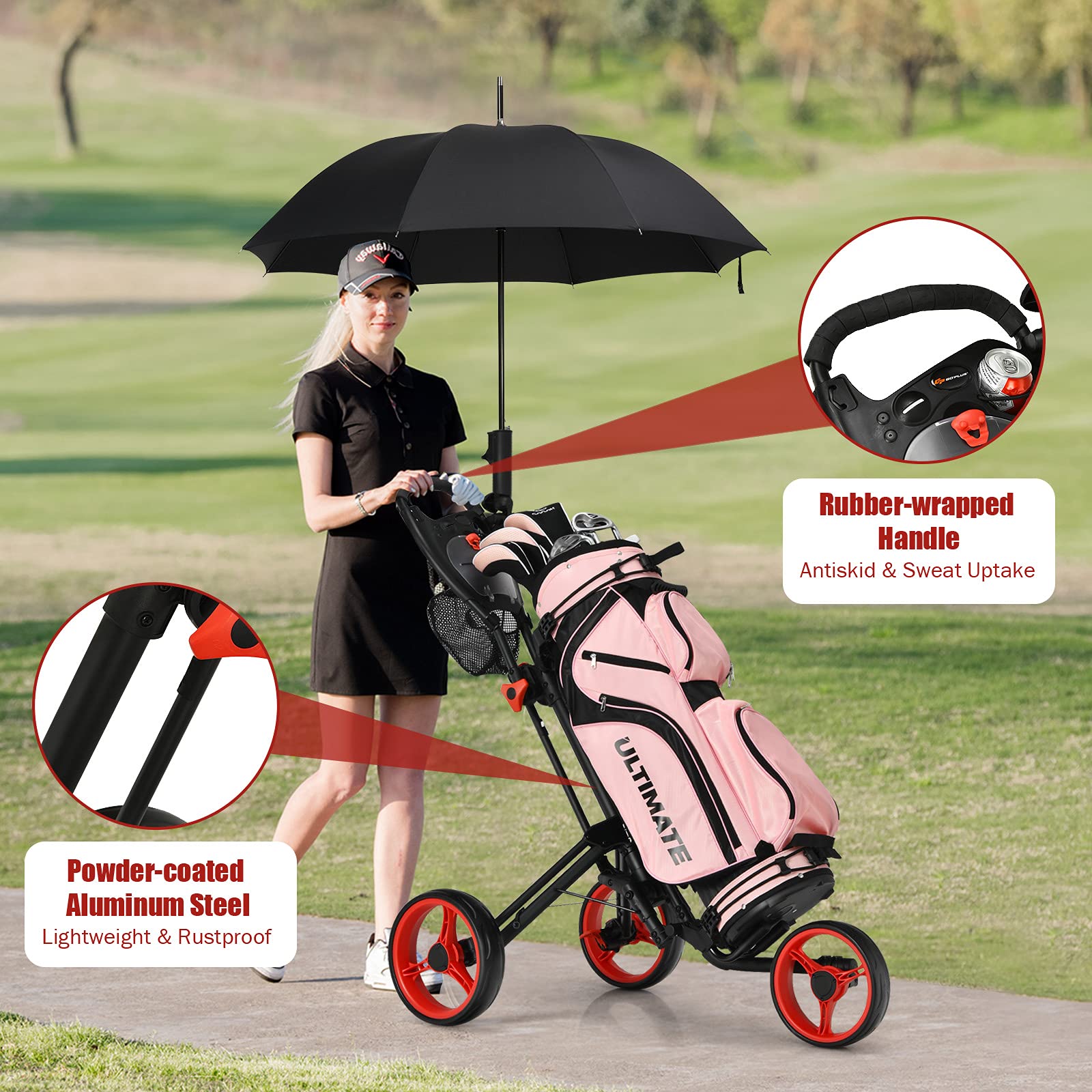 GYMAX 3-Wheel Folding Push Cart - Adjustable Height Lightweight Golf Trolley with Umbrella Holder & Mesh Storage Bag | Quick Open & Fold Design | Perfect for Golf Courses, Shopping, and Outdoor Events