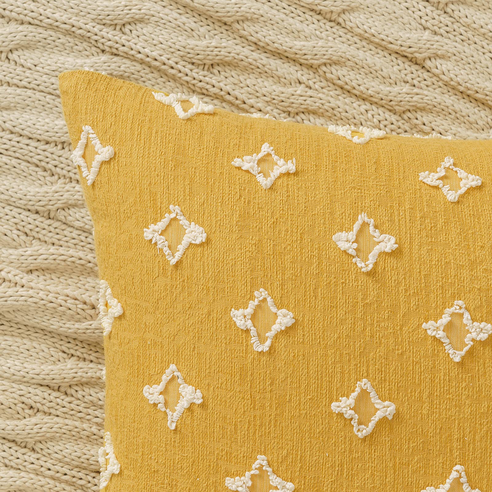 ANRODUO 2 Pack Yellow Boho Decorative Throw Pillow Covers 18x18 - Tufted Rhombic Jacquard Design, Soft Couch Pillow Cases for Living Room, Sofa, Bedroom - Spring Home Decor & Bohemian Style Accents