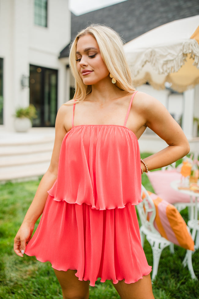 Hot Coral Pleated Romper for Women - Summer Beach Party Outfit & Vacation Dress - Final Sale