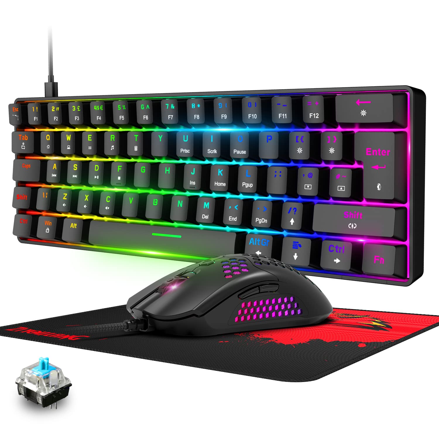 ZIYOULANG T60 60% Compact RGB Mechanical Gaming Keyboard with Blue Switches & 12000DPI Honeycomb Gaming Mouse - Ergonomic UK Layout Type-C Combo for PC, PS4, PS5, Xbox | Perfect for Esports, Streaming & Office Work