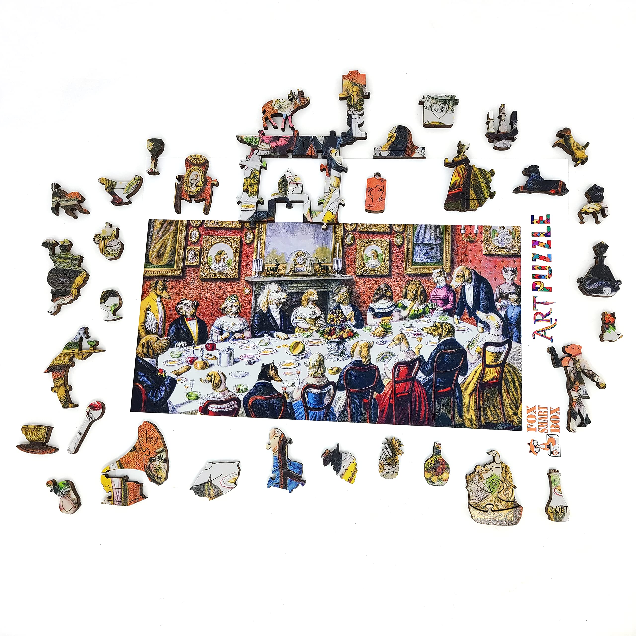 Premium 365-Piece Wooden Jigsaw Puzzle for Adults - Unique Shaped Pieces - Handcrafted in USA by FoxSmartBox - The Dogs Dinner Party - Perfect for Family Game Nights, Stress Relief & Home Decor