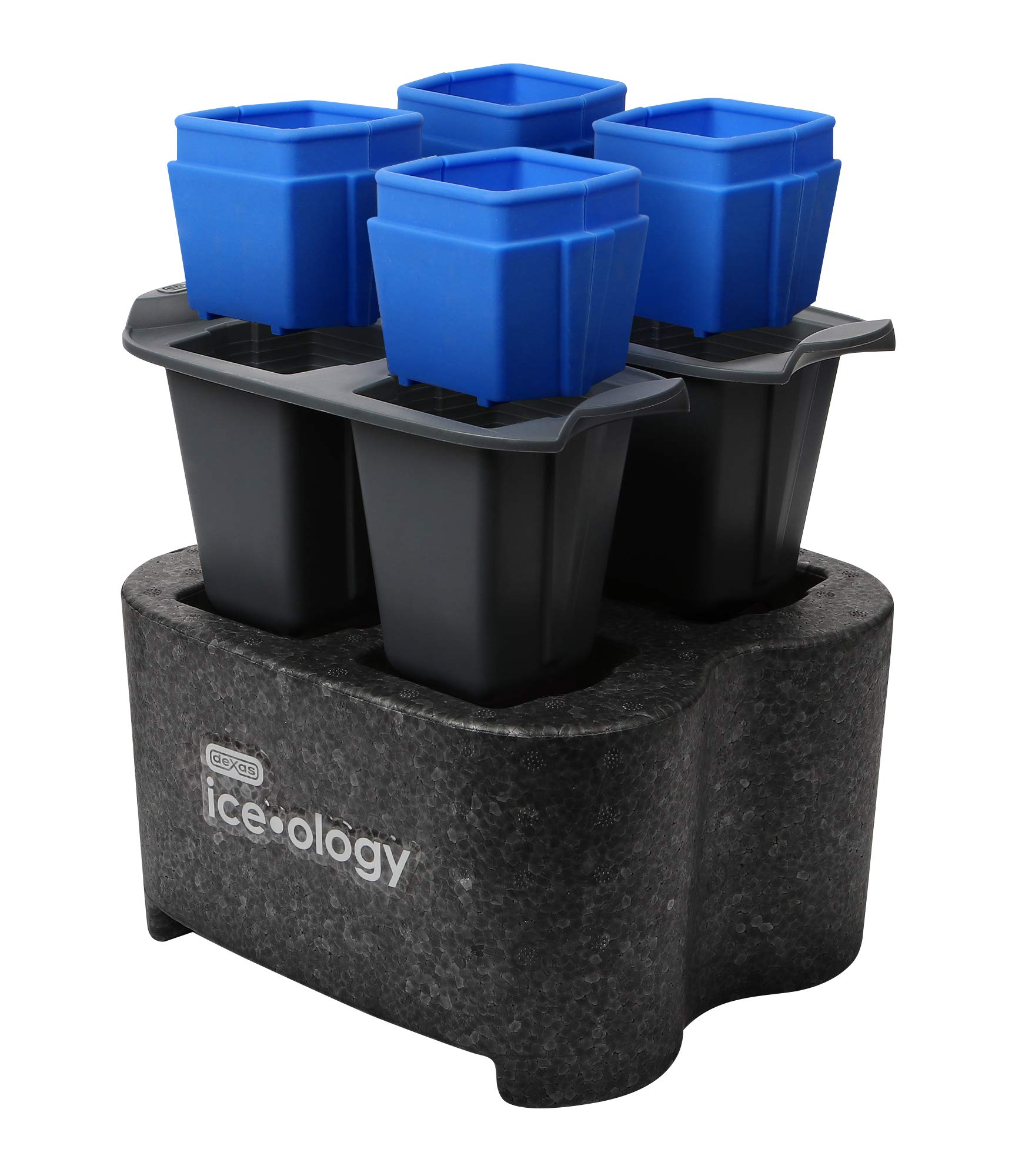 Dexas ice•ology Silicone Clear Ice Maker Tray - 4 Square Cube Mold for Crystal Clear Cocktail Ice | Perfect for Whiskey, Bourbon & Craft Cocktails at Home Bars