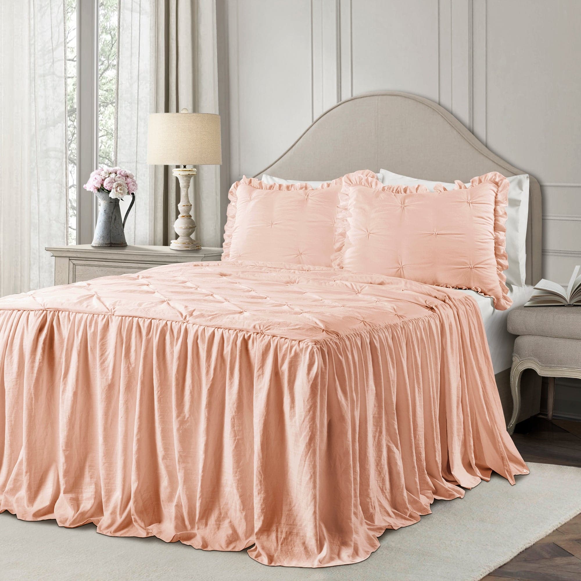 Ravello Pintuck Ruffle Skirt Bedspread Set - Elegant Queen Size Bedding with Ruffled Design for Master Bedroom Decor | Perfect for Guest Rooms, Hotels & Luxury Home Styling