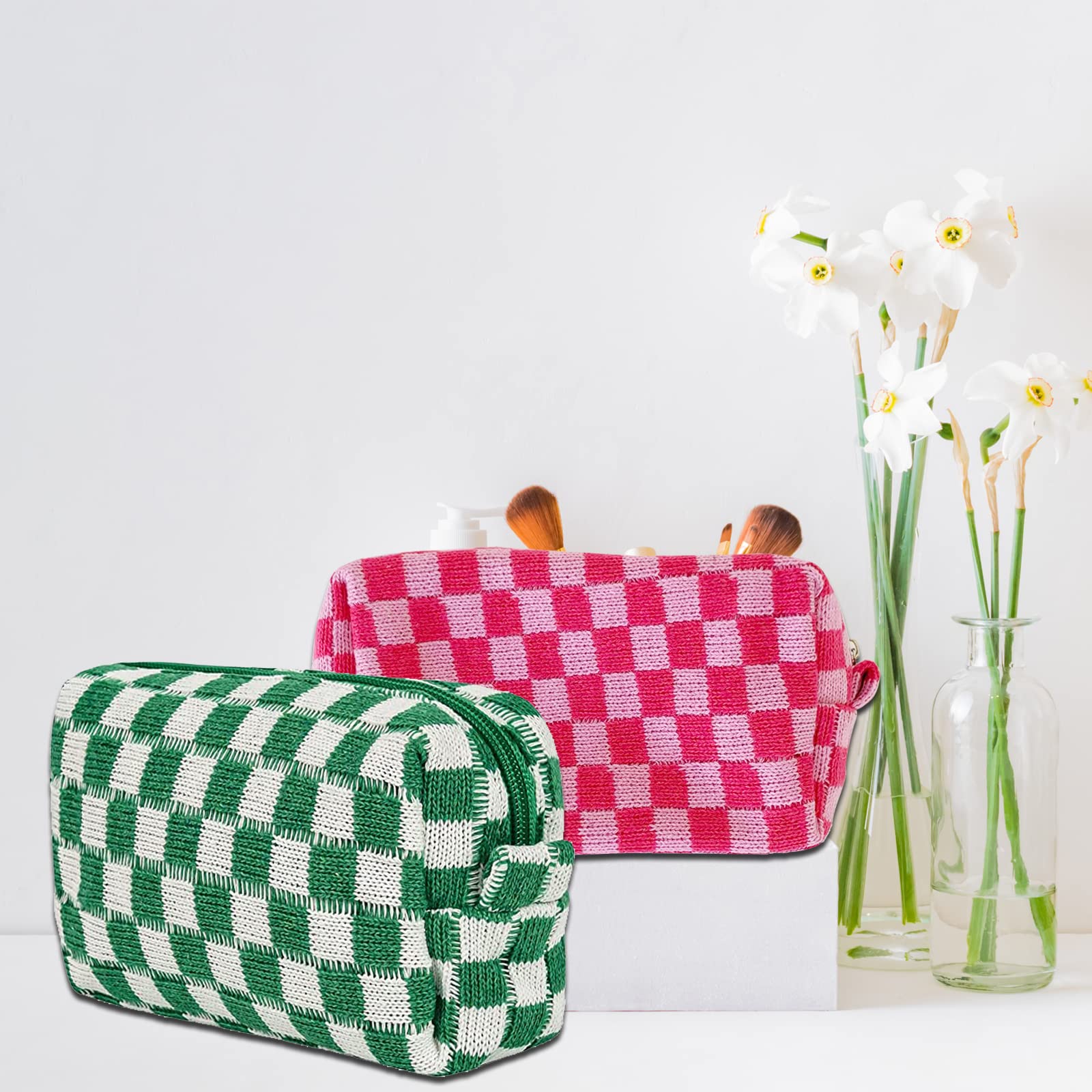 4 PCS Checkered Makeup Bags for Women - Large Capacity Cosmetic Organizer Pouch, Plaid Travel Toiletry Bag for Makeup Brushes & Pencils Storage | Perfect for Travel, Gym & Daily Beauty Essentials
