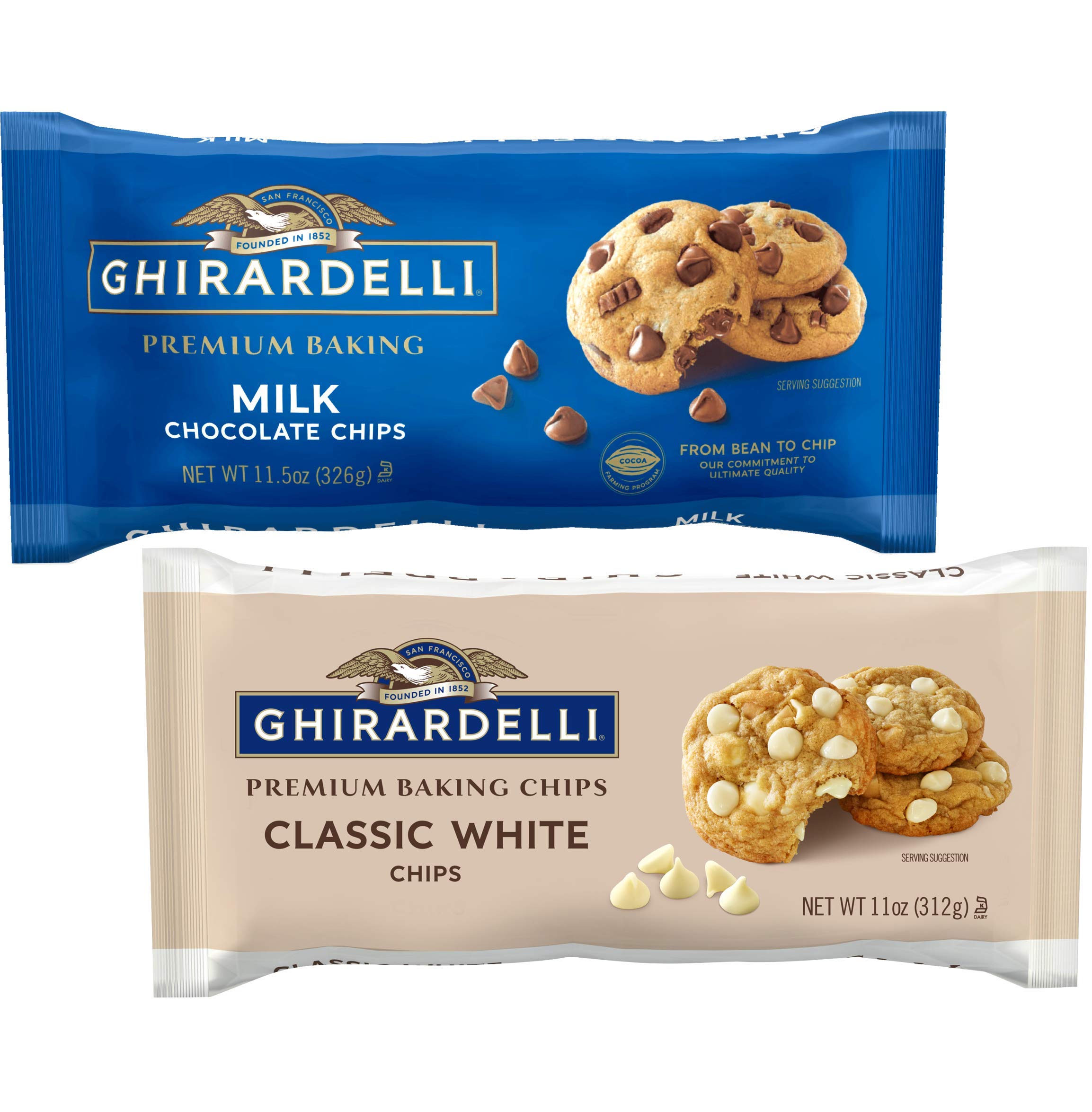 Ghirardelli Premium Baking Chips Bundle - Milk Chocolate Chips (11.5 oz) & Classic White Chocolate Chips (11 oz) for Cookies, Cakes, and Desserts