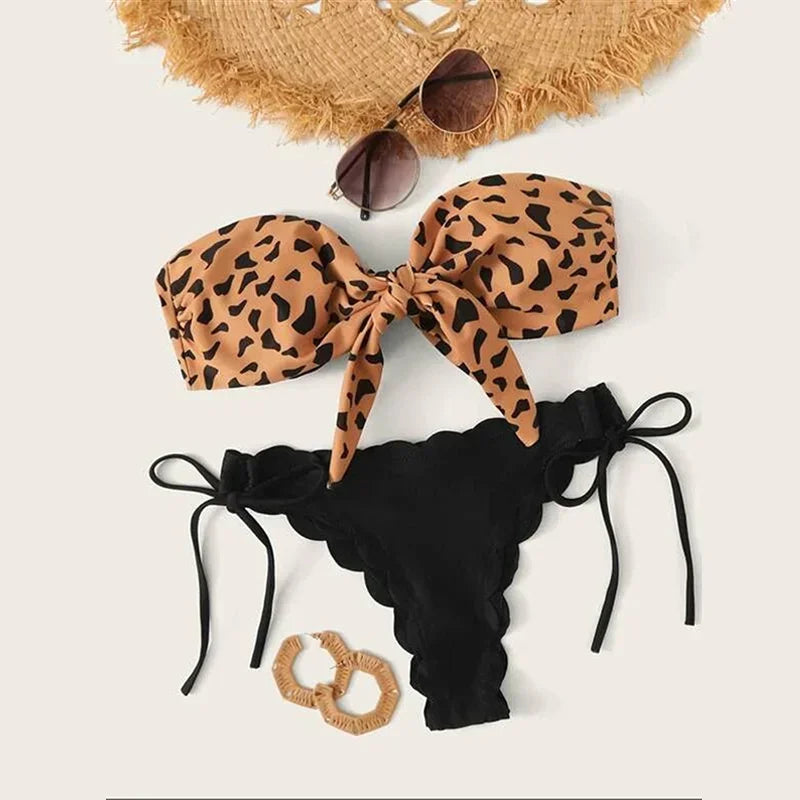 Sexy Leopard Print Bikini Set for Women - Strapless Push Up Swimsuit with Front Lace Up & Ruffled Bow Details - Thong Swimwear for Beach Vacation & Pool Party