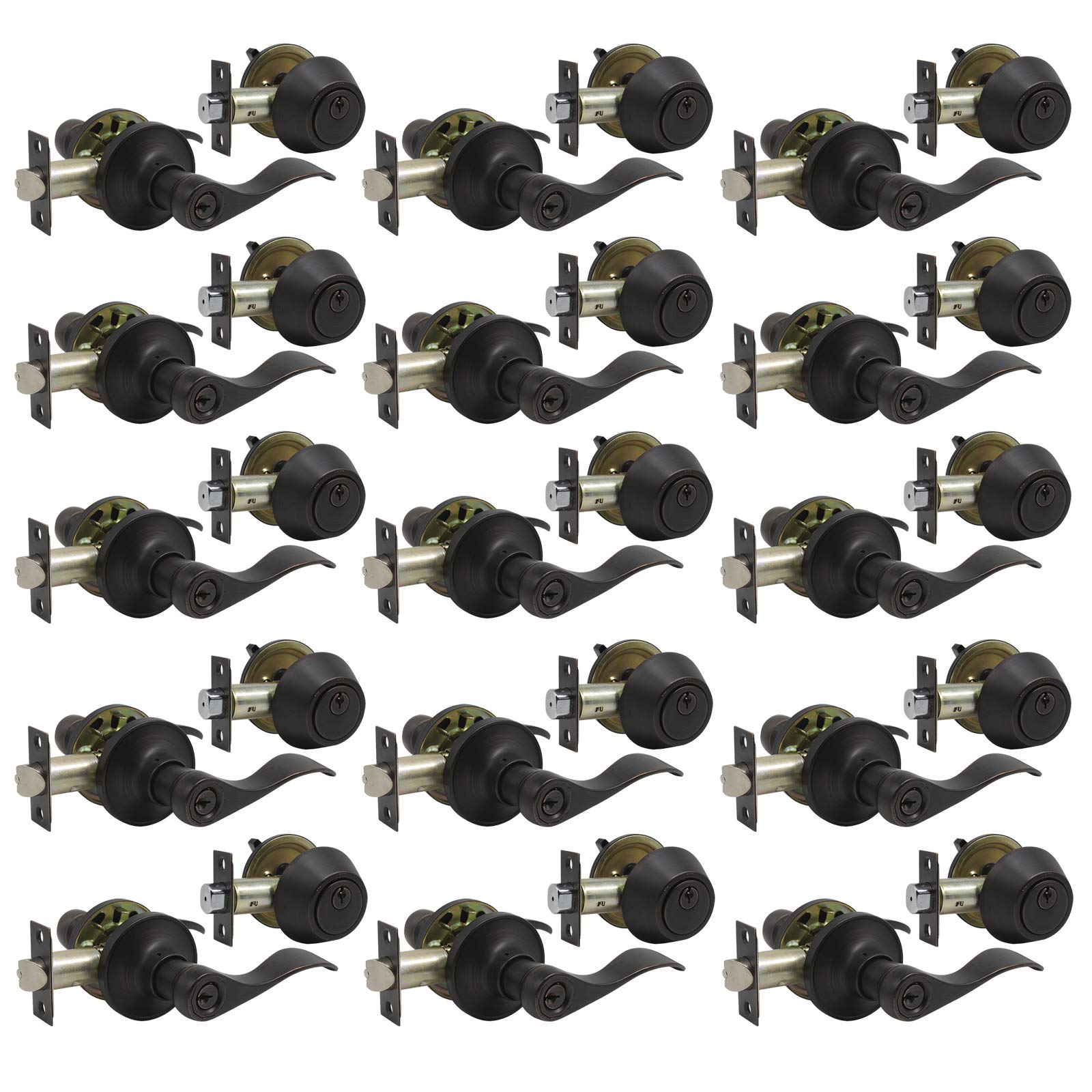 Gobrico 15-Piece Entry Door Lock Set - Single Cylinder Deadbolt & Exterior Front Door Lever Combo in Oil Rubbed Bronze (Keyed Alike) - Ideal for Home Security, Apartments, and Office Buildings