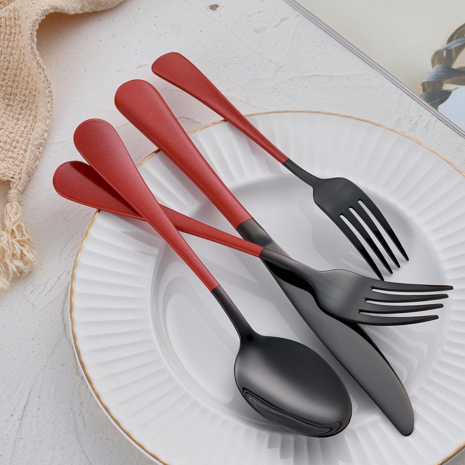 20-Piece Stainless Steel Flatware Set - 18/0 Grade, Red Handle Cutlery with Black Finish, Service for 4 (Knives, Forks, Spoons) - Dishwasher Safe - Perfect for Dinner Parties, Weddings, and Everyday Dining