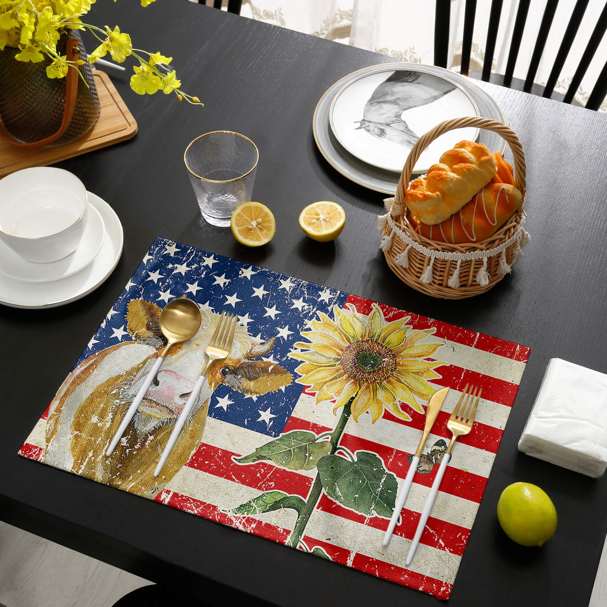 4-Pack Farmhouse Cow & Sunflower Placemats - Vintage Black & White American Flag Design - Heat-Resistant & Washable Table Mats for Kitchen Dining Decor - Perfect for Farmhouse, Country Style & Patriotic Home Settings