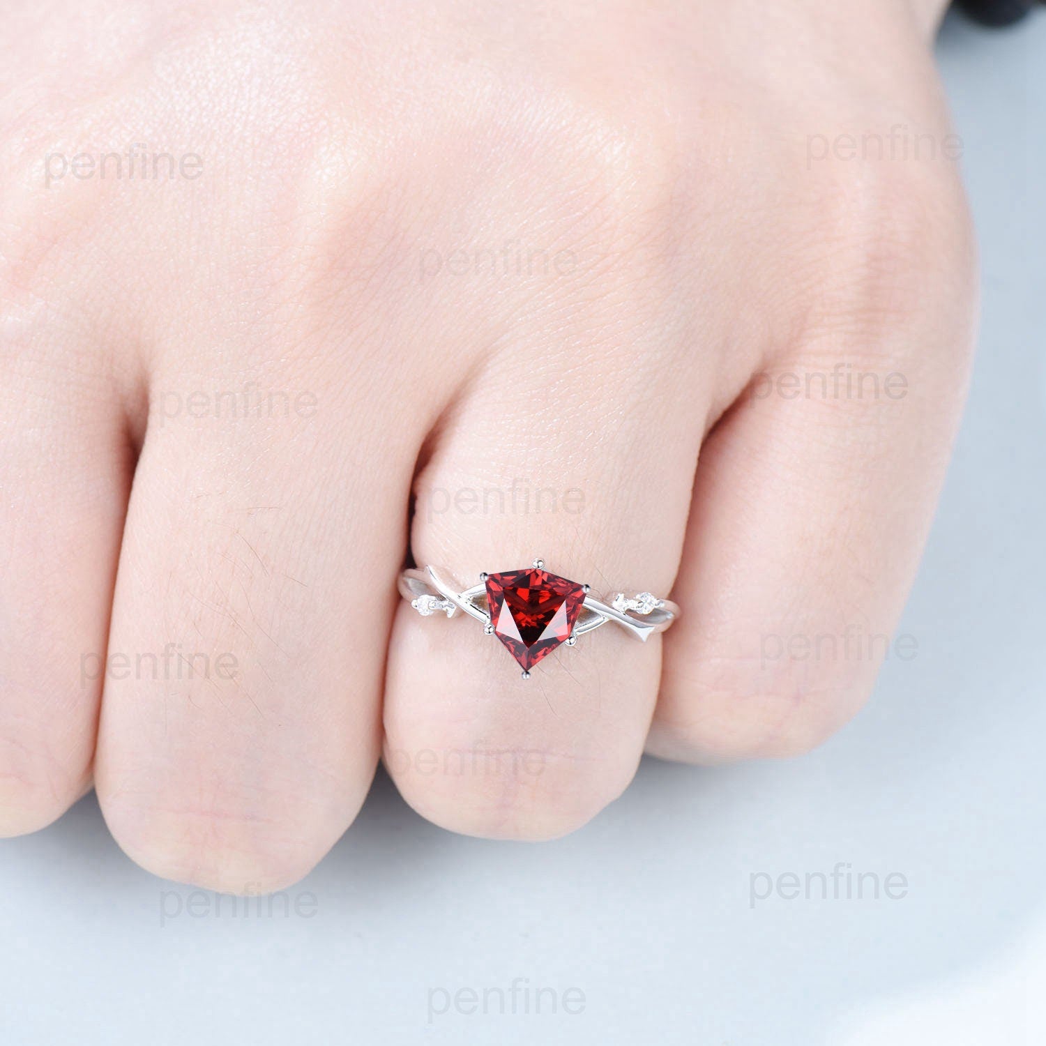 8mm Shield Cut Garnet Engagement Ring - Art Deco Vintage Twig Vine Wedding Band - Infinity Leaf Branch Design - January Birthstone Jewelry for Women - Perfect for Proposals, Anniversaries & Special Occasions