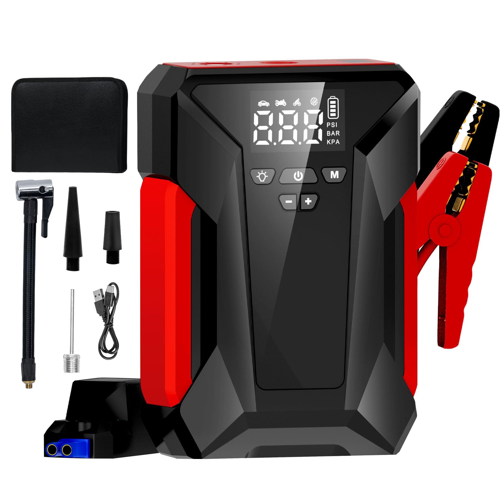 4000A Peak Car Jump Starter with Air Compressor - 12V Portable Battery Booster for Gas (Up to 10L) & Diesel (8.5L) Vehicles - Emergency LED Light, Power Bank & Leather Storage Bag Included - Perfect for Roadside Emergencies, Camping & Winter Travel