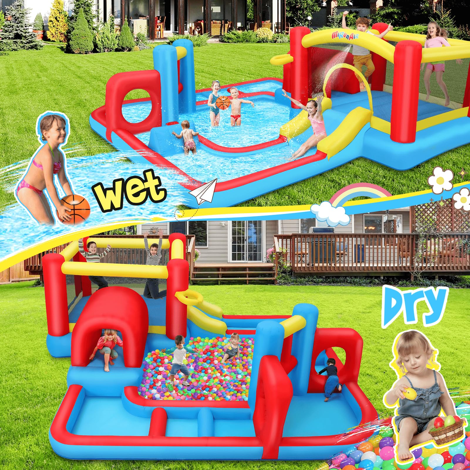 Whubefy 14.3x14.3Ft Inflatable Water Slide Bounce House for Kids Ages 3-12 | Large Backyard Water Park with Obstacle Course, Pool & Sprinkler | Perfect for Summer Parties, Birthdays & Outdoor Family Fun
