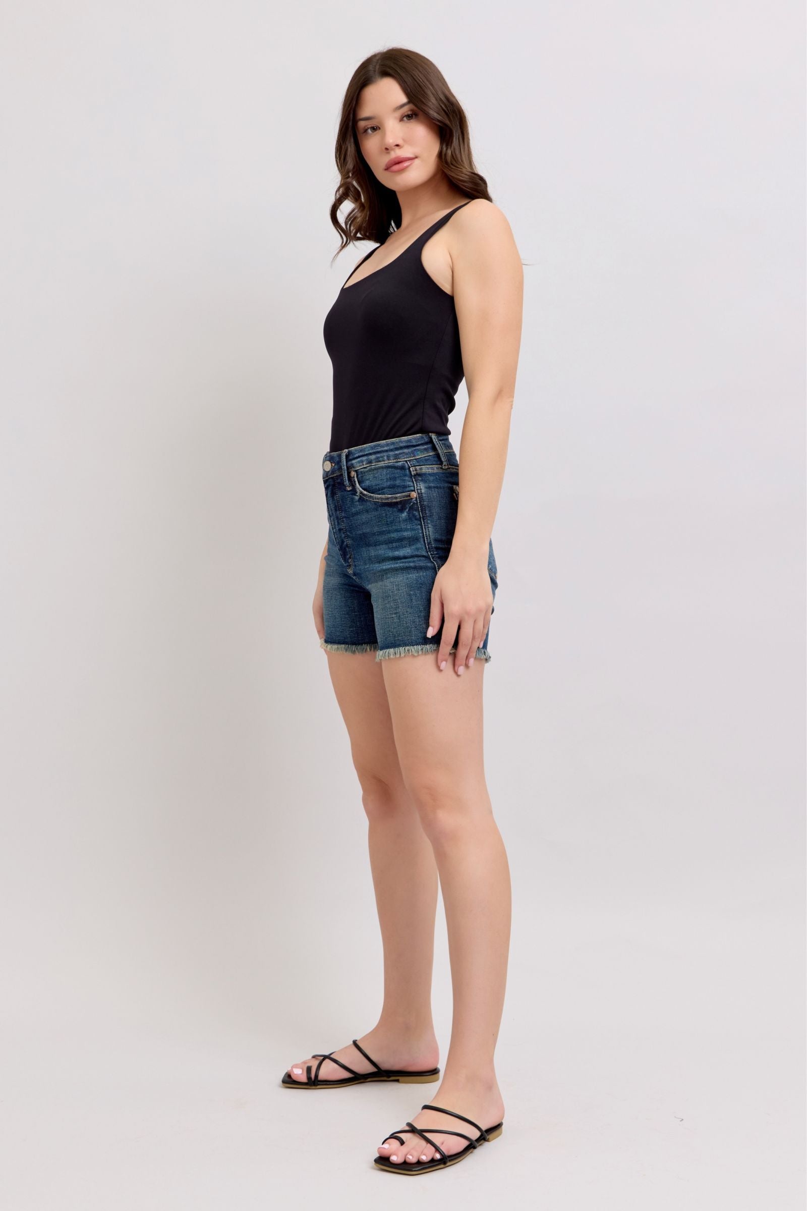 Judy Blue High Waisted Tummy Control Denim Shorts with Frayed Hem & Back Pockets | Women's Stretchy Comfort Jeans for Summer, Beach, and Casual Outfits