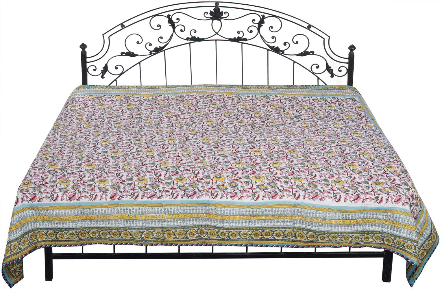 Exotic India Lily-White Reversible Jaipuri Quilt with Printed Floral Vines - 100% Pure Cotton Bedspread for Boho Chic Bedroom Decor