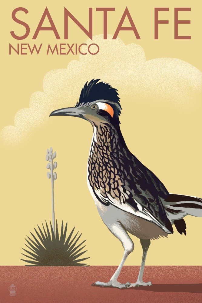 Santa Fe New Mexico Roadrunner Lithograph - 12x18 Wall Art Poster for Home & Office Decor | Perfect for Living Room, Bedroom, or Southwestern Style Interior Design