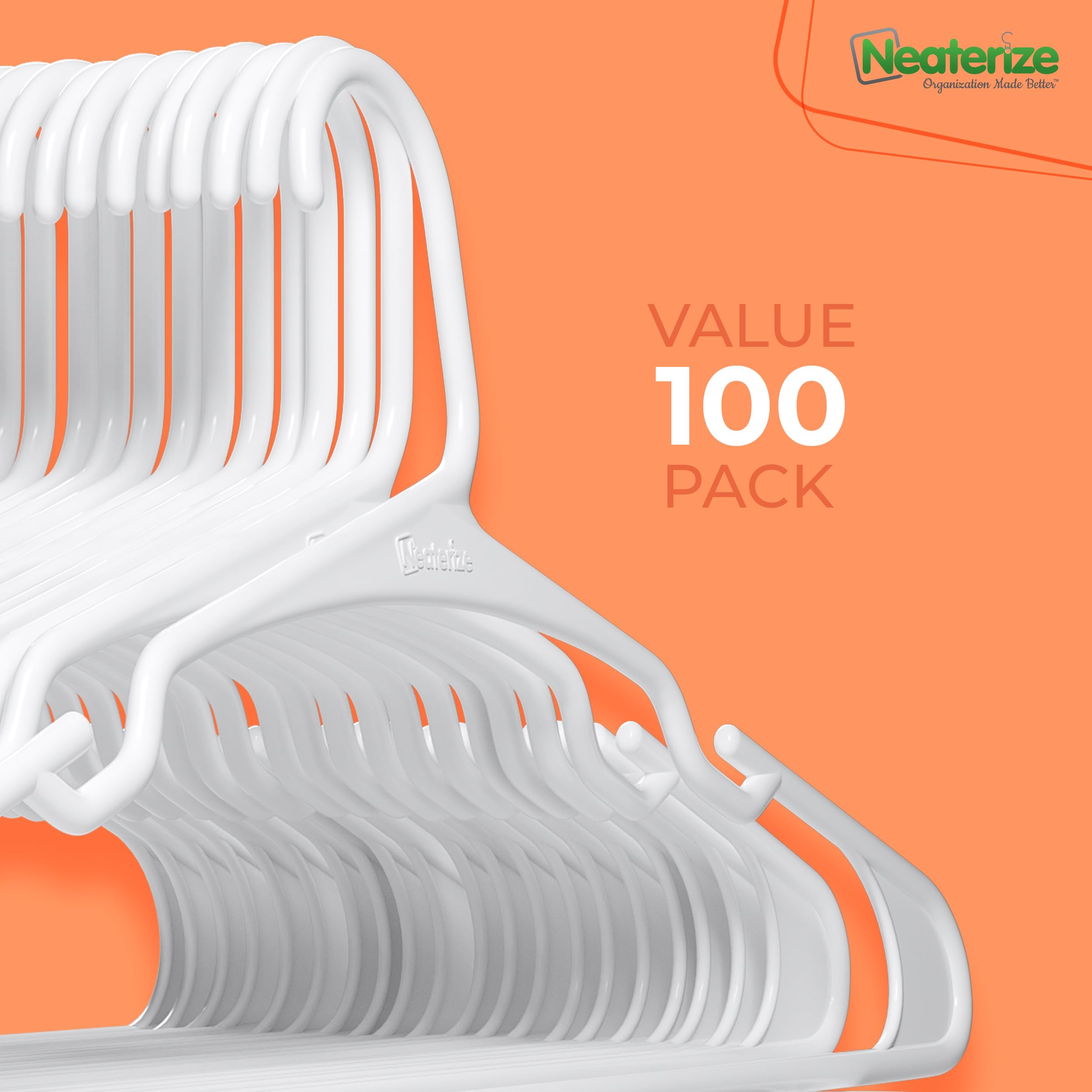 100 Pack NEATERIZE Plastic Clothes Hangers for Adults - Space Saving Coat Hangers for Closet Organization, Durable White Garment Hangers (Perfect for Shirts, Pants, Dresses & Jackets) - Ideal for Home, Office & Laundry Room Storage