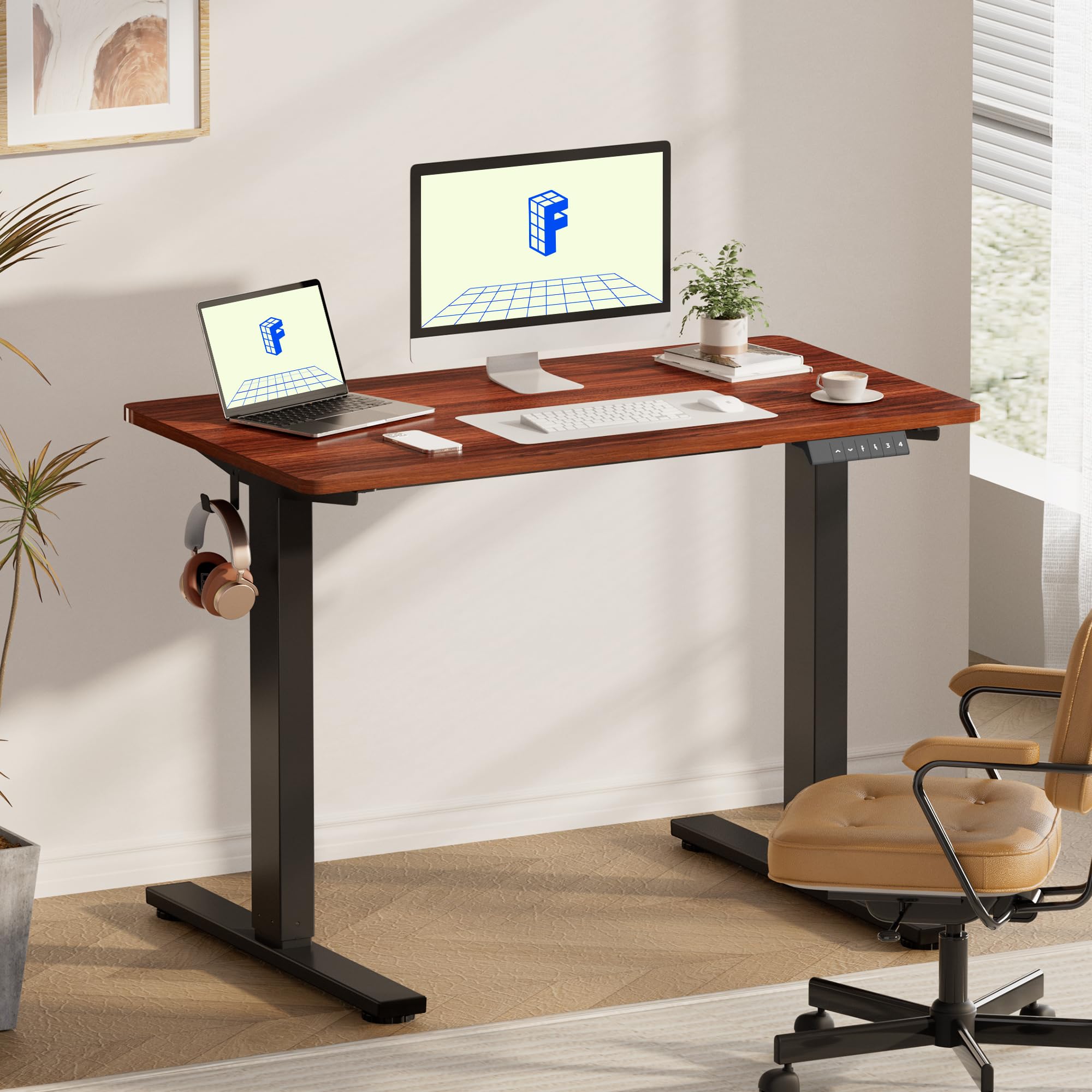 FLEXISPOT EN1 Electric Height Adjustable Standing Desk - 48 x 30 Inches Whole-Piece Sit Stand Workstation (Black Frame + Mahogany Top, 2 Packages) for Home Office, Gaming & Study