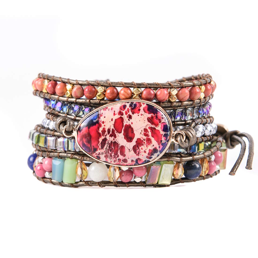 YGLINE Adjustable 5-Wrap Multilayer Genuine Leather Boho Beaded Bracelet for Women - Handmade Natural Stone Bohemian Wrap Bracelet | Perfect for Festival, Beach, Yoga & Everyday Boho Chic Style