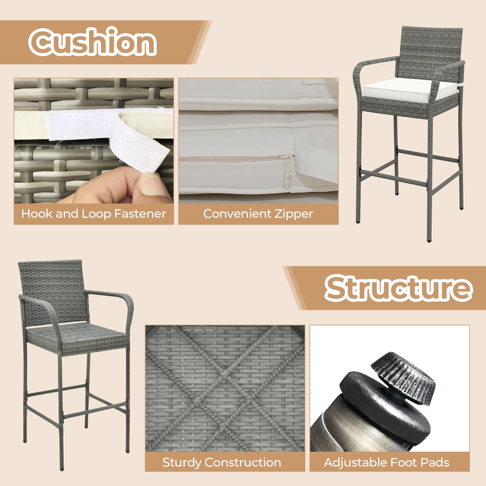 COSTWAY 4-Piece Wicker Bar Stool Set with Cushions - Patio Bar Height Chairs with Armrests & Footrests - Outdoor Rattan Barstools for Backyard, Deck, Pool - 400 lbs Weight Capacity - Mix Gray - Perfect for Outdoor Dining, Entertaining & Relaxing