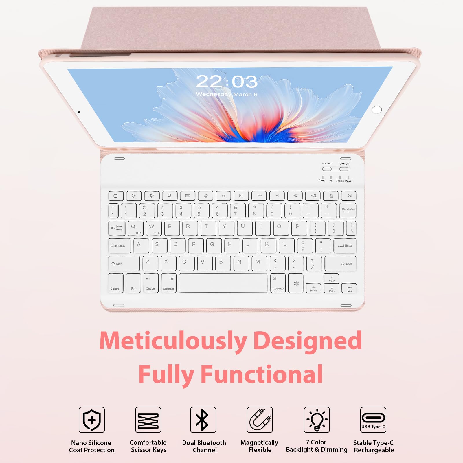 Eocean Bluetooth Keyboard Case for iPad 9.7 Inch (6th/5th Gen 2018/2017, iPad Air 2, iPad Pro 9.7 2016) - Detachable Backlit Keyboard with 7 Colors, 2 Bluetooth Channels, Stain-Resistant Protective Cover in Pink - Perfect for Work, Study & Travel