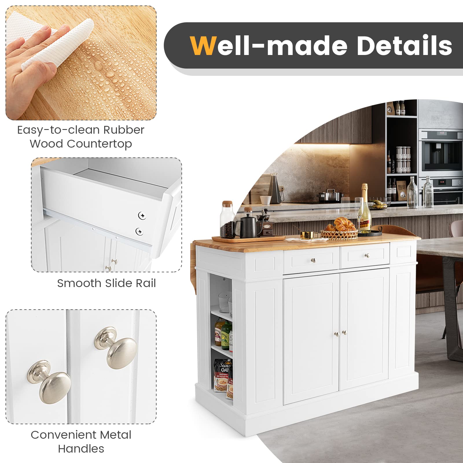 White Kitchen Island with Drop Leaf & Storage - Rubber Wood Breakfast Bar, 2 Drawers, Adjustable Shelves & Spice Racks | Perfect for Small Kitchens, Dining Rooms & Home Offices | Space-Saving Stationary Island Table for Meal Prep & Entertaining