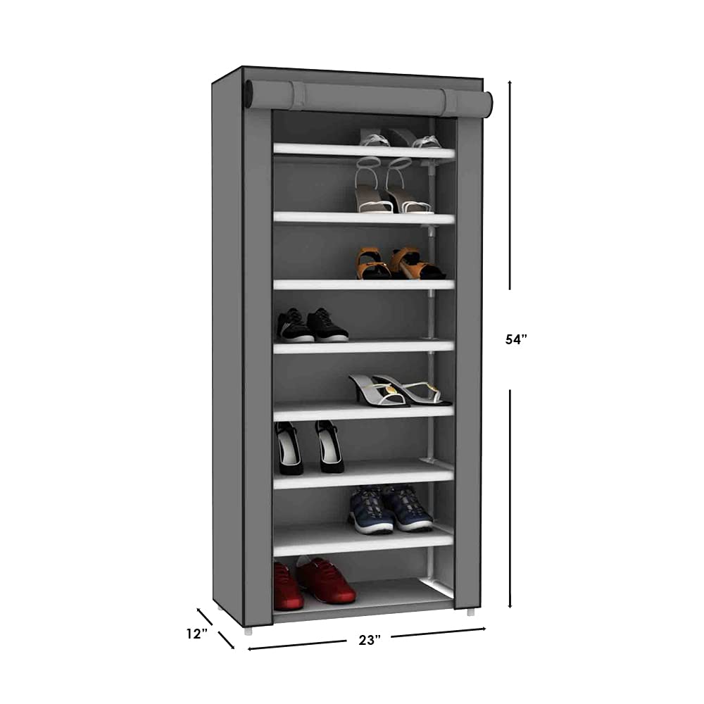 Sunbeam 7-Tier Portable Wardrobe Storage Closet - Heavy Duty Non-Woven Shoe Rack & Clothing Organizer with Roll-Down Cover (Grey) - Fits 24 Pairs of Shoes - Perfect for Bedroom, Closet, Dorm Room & Small Space Organization